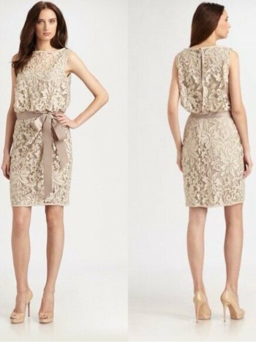 Tadashi Shoji Taupe Blouson Lace Dress